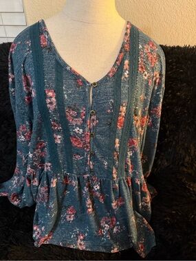 Maurices Teal Floral Lace-Trim Peplum Henley Top